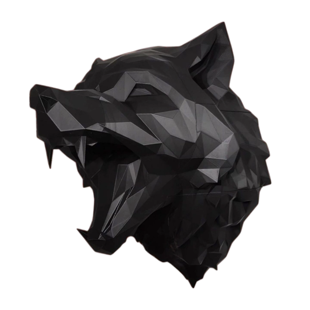 Large-format low-poly Black Wall Mounted Wolf Head art installation 3D printed in PLA+